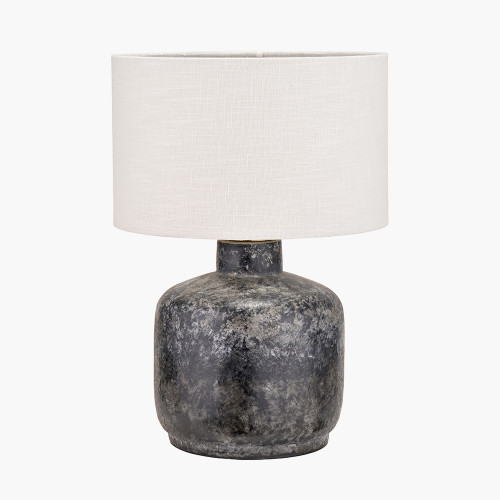 pacific lifestyle Vulcan Textured Volcanic Effect Grey Small Stoneware Table Lamp Base with Lino 25cm White Self Lined Linen Cylinder Lampshade