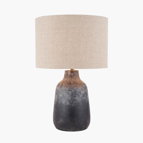 Pacific Lifestyle Vulcan Textured Volcanic Effect Grey Stoneware Table Lamp Base With Edward 35cm Natural Linen Cylinder Lampshade