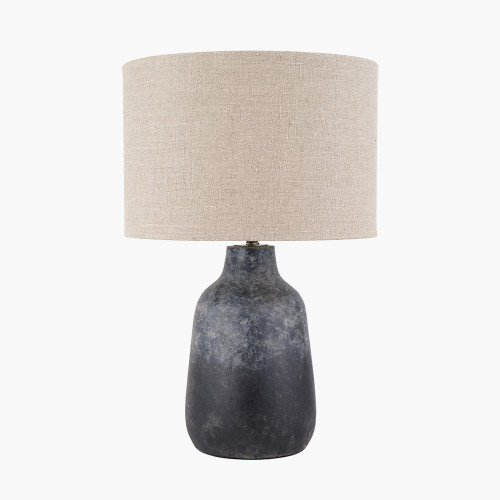 pacific lifestyle Vulcan Textured Volcanic Effect Grey Stoneware Table Lamp Base with Edward 35cm Natural Linen Cylinder Lampshade