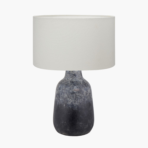 pacific lifestyle Vulcan Textured Volcanic Effect Grey Stoneware Table Lamp Base with Henry 35cm White Handloom Cylinder Lampshade