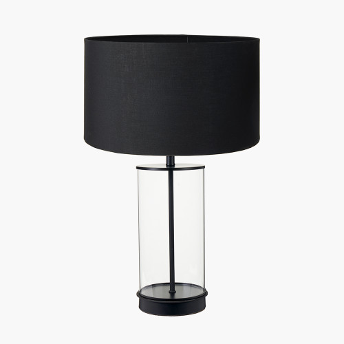 pacific lifestyle Westwood Clear Glass and Black Metal Table Lamp Base with Harry 35cm Black Cotton Mix Cylinder Lampshade