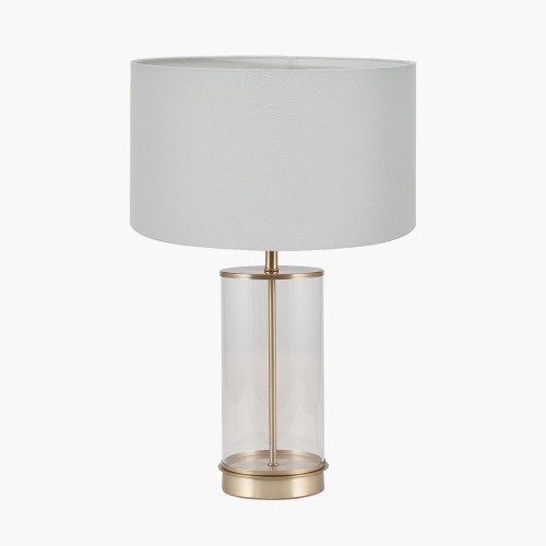pacific lifestyle Westwood Clear Glass and Champagne Metal Table Lamp Base with Harry 35cm Ivory Cotton Mix Cylinder Lampshade