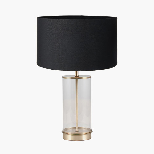 pacific lifestyle Westwood Clear Glass and Champagne Metal Table Lamp Base with Harry 35cm Black Cotton Mix Cylinder Lampshade
