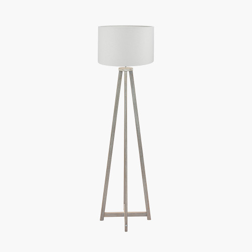 pacific lifestyle Whitby Grey Wash Wood Tapered 4 Post Floor Lamp Base with Lino 45cm White Self Lined Linen Cylinder Lampshade