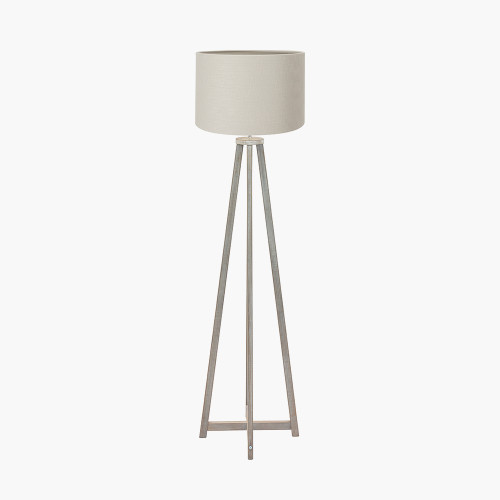 pacific lifestyle Whitby Grey Wash Wood Tapered 4 Post Floor Lamp Base with Lino 45cm Grey Self Lined Linen Cylinder Lampshade