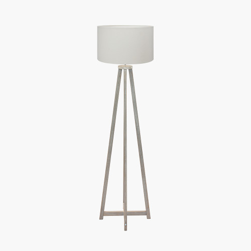 pacific lifestyle Whitby Grey Wash Wood Tapered 4 Post Floor Lamp Base with Henry 45cm White Handloom Cylinder Lampshade