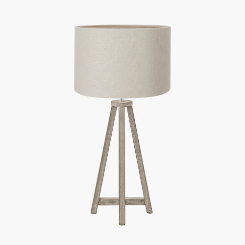 pacific lifestyle Whitby Grey Wash Wood Tapered 4 Post Table Lamp Base with Lino 35cm Grey Self Lined Linen Cylinder Lampshade