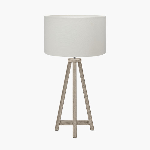pacific lifestyle Whitby Grey Wash Wood Tapered 4 Post Table Lamp Base with Henry 35cm White Handloom Cylinder Lampshade