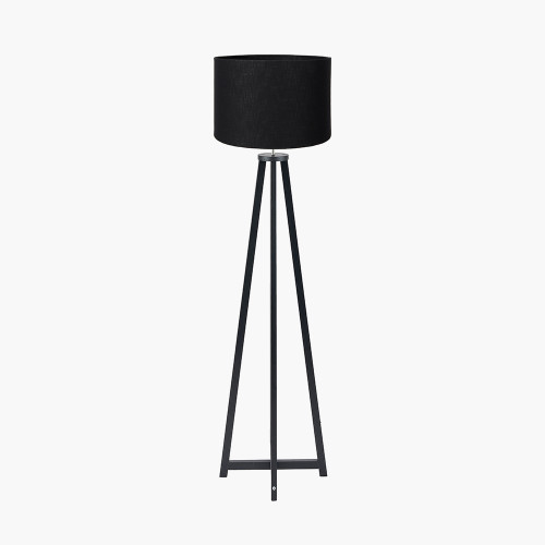 pacific lifestyle Whitby Matt Black Wood Tapered 4 Post Floor Lamp Base with Lino 45cm Black Self Lined Linen Cylinder Lampshade
