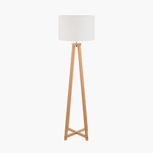 pacific lifestyle Whitby Natural Wood Tapered 4 Post Floor Lamp Base with Lino 45cm White Self Lined Linen Cylinder Lampshade