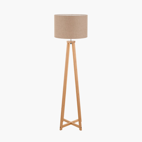 pacific lifestyle Whitby Natural Wood Tapered 4 Post Floor Lamp Base with Edward 45cm Natural Linen Cylinder Lampshade