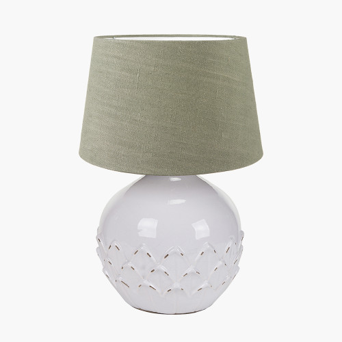 pacific lifestyle Willow White Leaf Detail Small Stoneware Table Lamp Base with Milos 25cm Pistachio Green Linen Tapered Lampshade