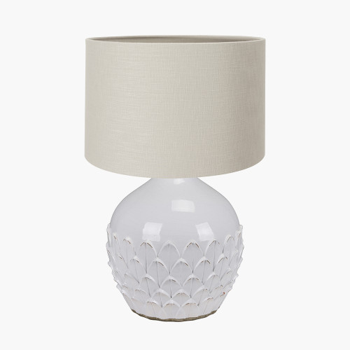 pacific lifestyle Willow White Leaf Detail Stoneware Table Lamp Base with Lino 40cm Grey Self Lined Linen Cylinder Lampshade