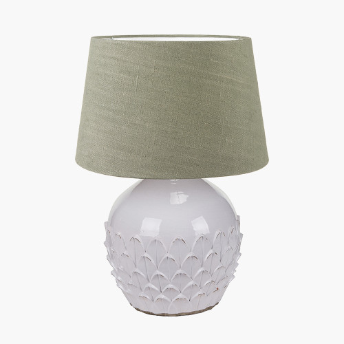 pacific lifestyle Willow White Leaf Detail Stoneware Table Lamp Base with Milos 40cm Pistachio Green Linen Tapered Lampshade