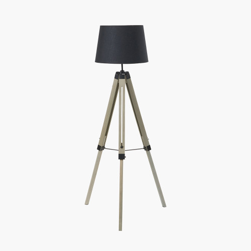 Pacific Lifestyle Windsor Sage Green Wooden Tripod Floor Lamp With Adelaide 40cm Black Tapered Cotton Mix Lampshade