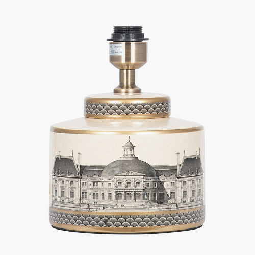 Pacific Lifestyle Wren Black And Cream Building Print Ceramic Table Lamp Base With Bow 30cm Black Velvet Cylinder Lampshade