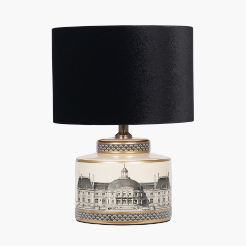 pacific lifestyle Wren Black and Cream Building Print Ceramic Table Lamp Base with Bow 30cm Black Velvet Cylinder Lampshade