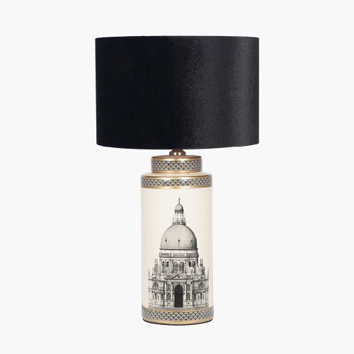 pacific lifestyle Wren Black and Cream Building Print Tall Ceramic Table Lamp Base with Bow 35cm Black Velvet Cylinder Lampshade