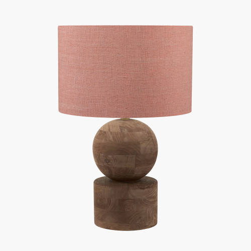 pacific lifestyle Ziva Antique Brown Round Wood Table Lamp Base with Edward 45cm Apricot Linen Cylinder Lampshade