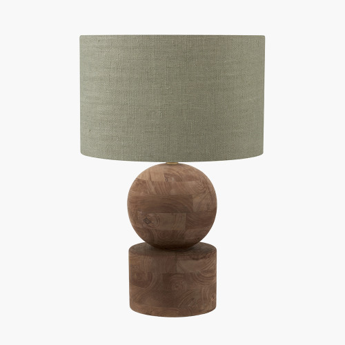 pacific lifestyle Ziva Antique Brown Round Wood Table Lamp Base with Edward 45cm Pistachio Green Linen Cylinder Lampshade