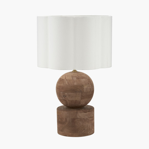 pacific lifestyle Ziva Antique Brown Round Wood Table Lamp Base with Bloom 45cm White Handloom Scalloped Cylinder Lampshade