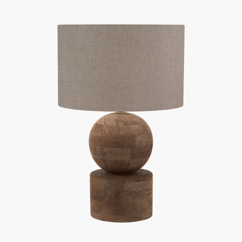pacific lifestyle Ziva Antique Brown Round Wood Table Lamp Base with Edward 40cm Natural Linen Cylinder Lampshade