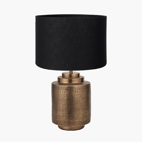 pacific lifestyle Zuri Antique Brass Metal Pot Table Lamp Base with Lino 40cm Black Self Lined Linen Cylinder Lampshade