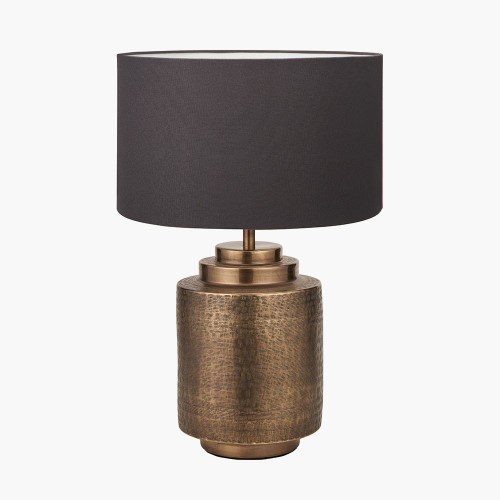 pacific lifestyle Zuri Antique Brass Metal Pot Table Lamp Base with Henry 40cm Grey Handloom Cylinder Lampshade