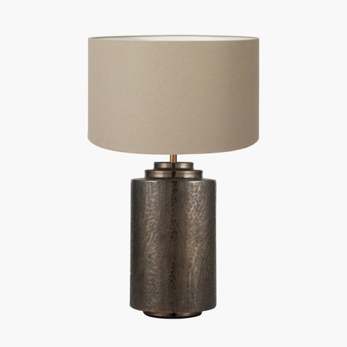 pacific lifestyle Zuri Large Antique Brass Metal Pot Table Lamp Base with Henry 45cm Taupe Handloom Cylinder Lampshade