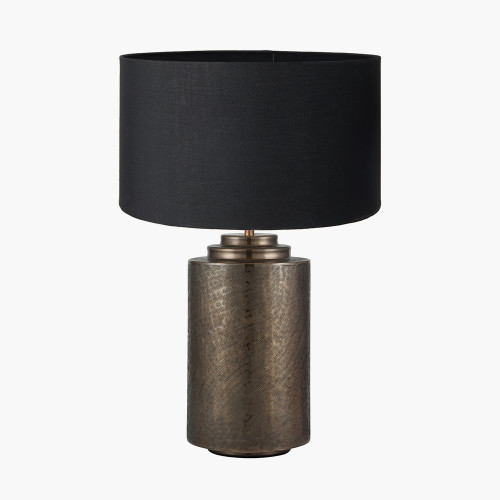 pacific lifestyle Zuri Large Antique Brass Metal Pot Table Lamp Base with Harry 45cm Black Cotton Mix Cylinder Lampshade