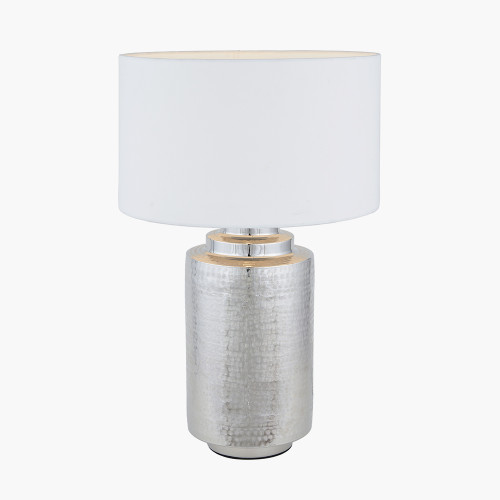 Pacific Lifestyle Zuri Large Shiny Silver Metal Pot Table Lamp Base With Henry 45cm White Handloom Cylinder Lampshade
