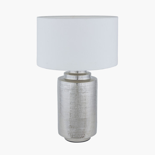 pacific lifestyle Zuri Large Shiny Silver Metal Pot Table Lamp Base with Henry 45cm White Handloom Cylinder Lampshade