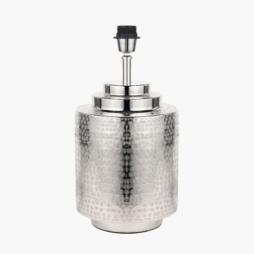 Pacific Lifestyle Zuri Shiny Silver Metal Pot Table Lamp Base With Lino 35cm White Self Lined Linen Cylinder Lampshade