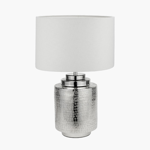 pacific lifestyle Zuri Shiny Silver Metal Pot Table Lamp Base with Lino 40cm White Self Lined Linen Cylinder Lampshade