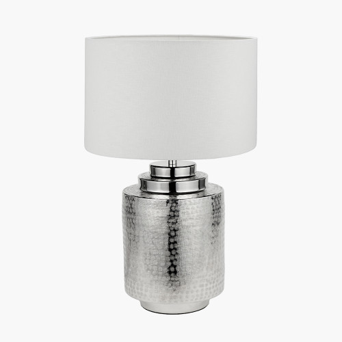 pacific lifestyle Zuri Shiny Silver Metal Pot Table Lamp Base with Lino 35cm White Self Lined Linen Cylinder Lampshade