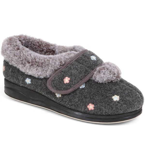 Padders Extra-Wide Fit Faux-Fur Flower Slippers LISBET - Grey