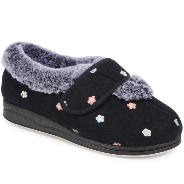Padders Extra-Wide Fit Faux-Fur Flower Slippers LISBET - Navy