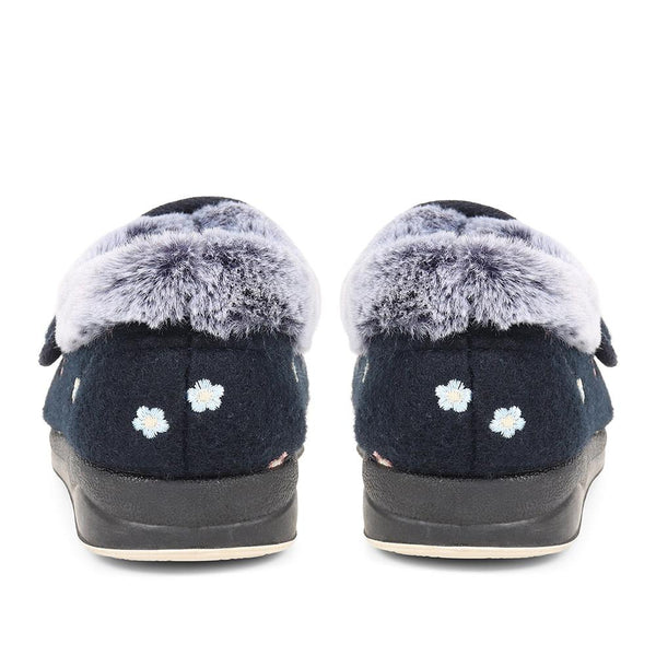 Padders Extra-Wide Fit Faux-Fur Flower Slippers LISBET - Navy