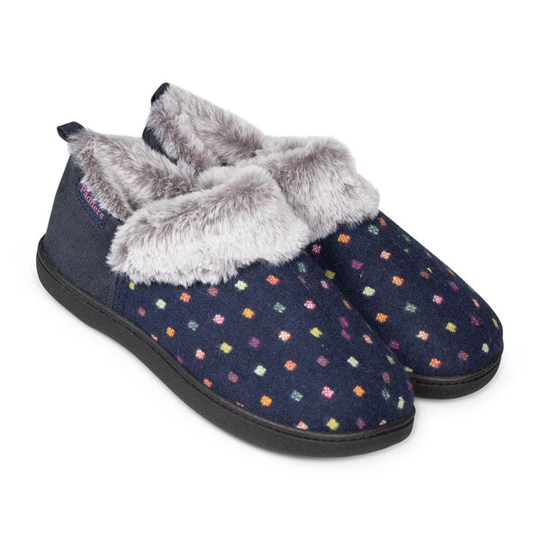 Padders Padders Ladies Slippers 2E Side Stitched Washable DORA - Navy Woven Spot