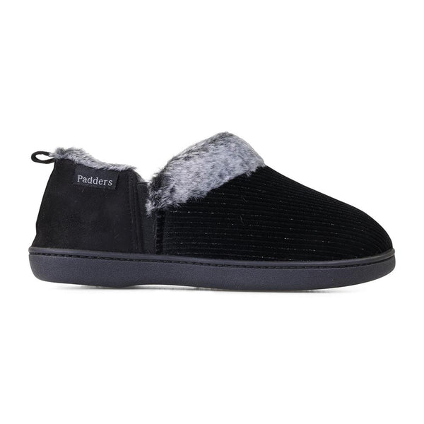 padders Padders Ladies Slippers 2E Side Stitched Washable DORA - BLACK SPARKLE CORD