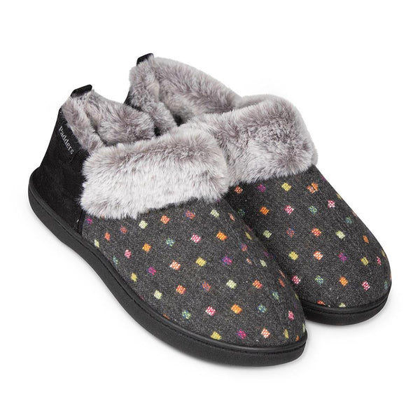 Padders Padders Ladies Slippers 2E Side Stitched Washable DORA - CHARCOAL WOVEN SPOT