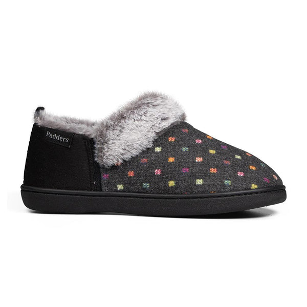 padders Padders Ladies Slippers 2E Side Stitched Washable DORA - CHARCOAL WOVEN SPOT