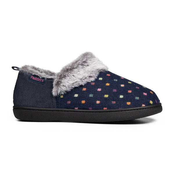padders Padders Ladies Slippers 2E Side Stitched Washable DORA - Navy Woven Spot