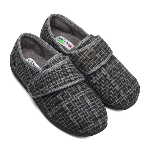 Padders Padders+ Mens Slippers Dual Fit K/L OLIVER - BLACK MIXED CHECK