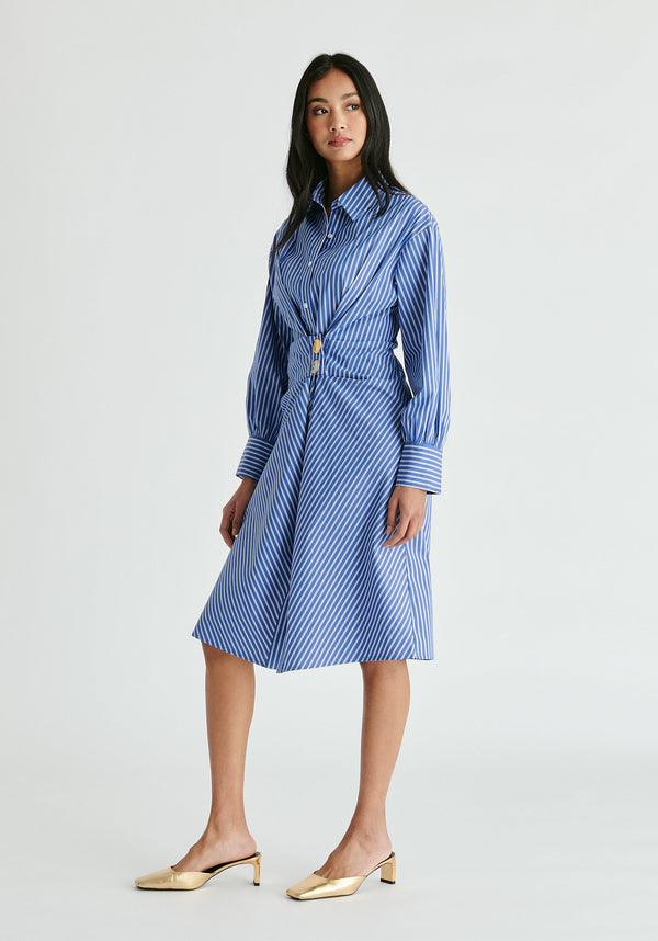 paisie Asymmetric Striped Shirt Dress with Button Detail