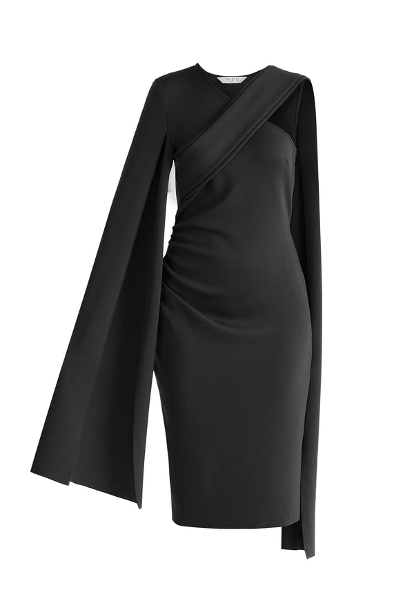 Paisie Asymmetric Draped Cape Sleeve Dress