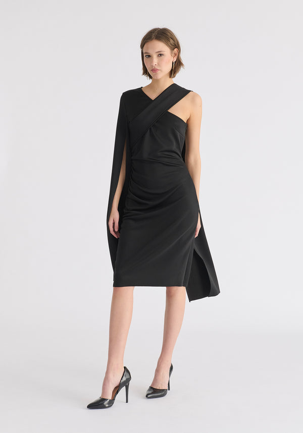 Paisie Asymmetric Draped Cape Sleeve Dress