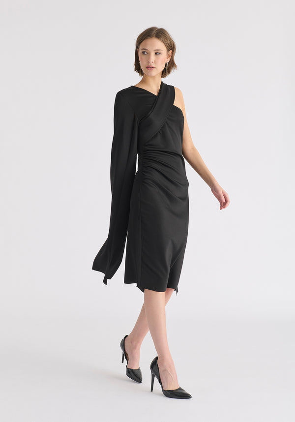 Paisie Asymmetric Draped Cape Sleeve Dress