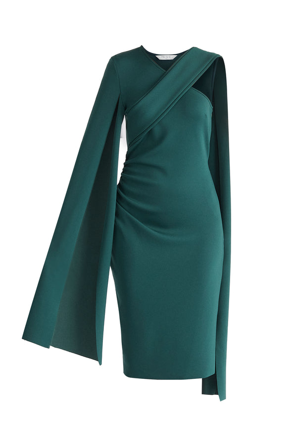 Paisie Asymmetric Draped Cape Sleeve Dress