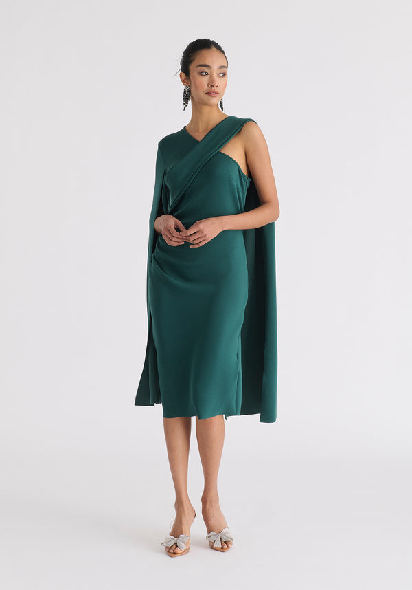 Paisie Asymmetric Draped Cape Sleeve Dress